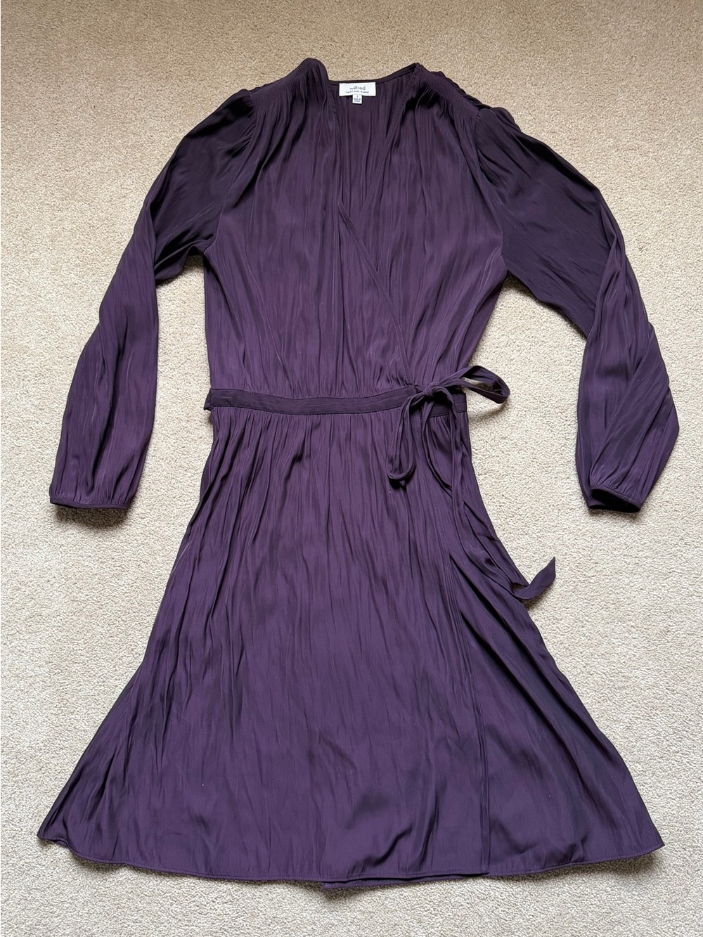 Wilfred (Aritzia) eggplant purple pleated wrap dress with long sleeves